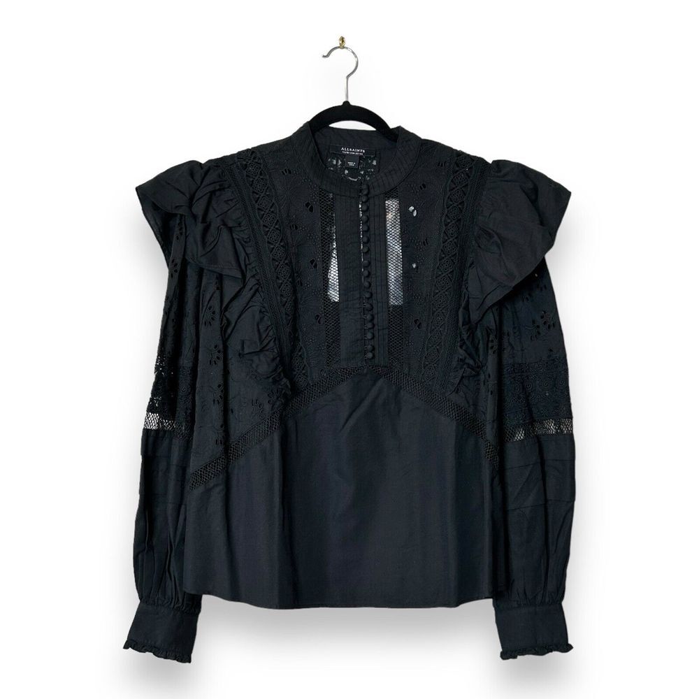 All Saints Aubrey Black Embroidered Frill Broderie Prim Blouse Top Black Size 12 - Picture 1 of 5